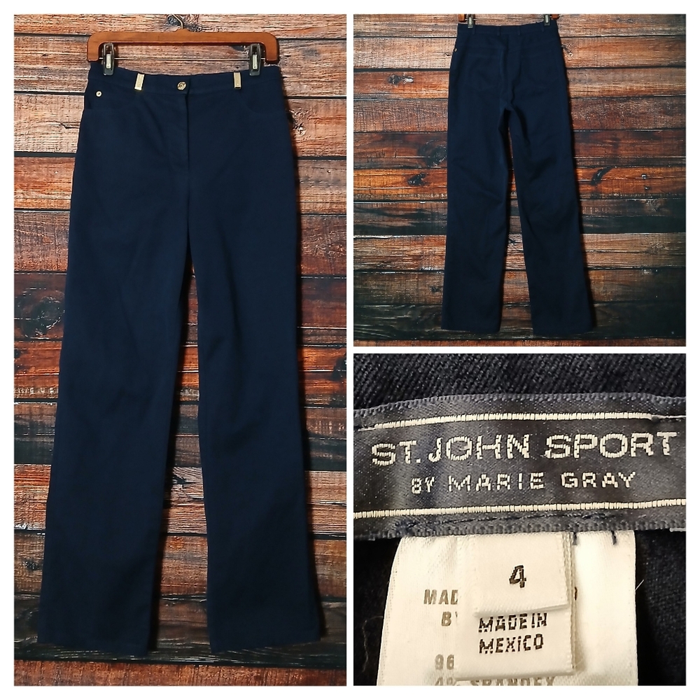 St John Sport Pants 4 Navy Blue Straight Leg High Rise Stretch Marie Gray